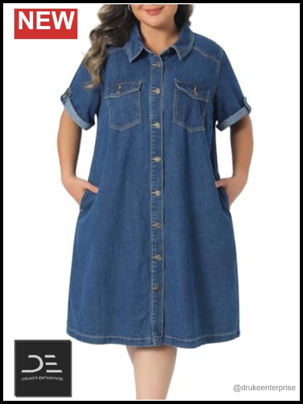 Plus Size Denim Midi Dress Button Down Short Sleeve Shirt Dress